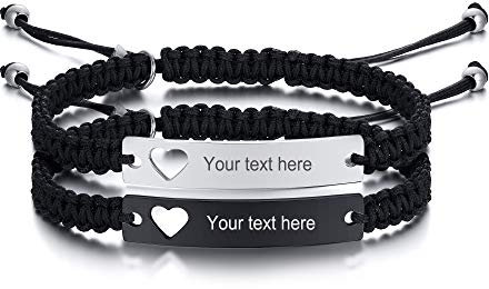 PJ JEWELLERY Personalised Mutual Attraction Magnetic Couple Bracelet Stainless Steel and Braided Rope Adjustable Hollow Heart Couples Bracelet Distance Matching Bracelets for him and her