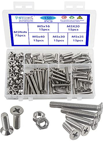 Rshuhx 150pcs M5 Senkkopfschrauben flach-Knopf Schraube und Mutter Set 304 Edelstahl Kreuz Maschinenschrauben Befestigung Werkzeug für Babybett Kopfteile Stühle Möbel Fastener Repai