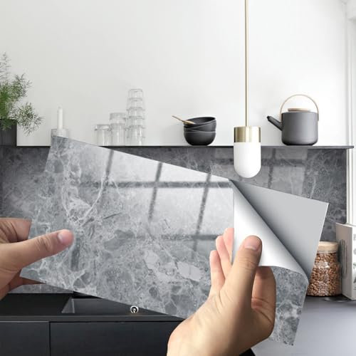 HORIWE Marble Tile Stickers for Bathroom Kitchen Backsplash Waterproof Oil Proof DIY Self Adhesive New PVC Wall Stickers Home Decor 12x6 Inches 16pc (Grey Marble Pattern, 30x15cm(12x6) - 16PCS)