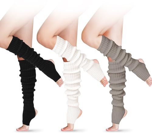 SATINIOR 3 Pairs Women Winter Long Leg Warmers 24 Inch Over the Knee Ribbed Knit Leg Warmer for 80s Party Dance Sports, Black, White, Gray, One Size
