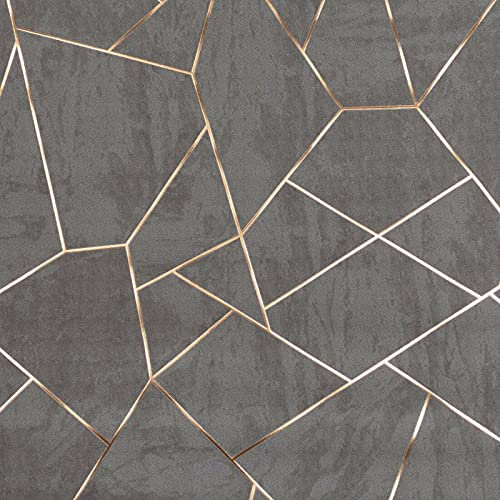 Exclusive Heavy Weight Quartz Metallic Silver Charcoal Copper Fractal Geometric Wallpaper (Rose Gold Z164)
