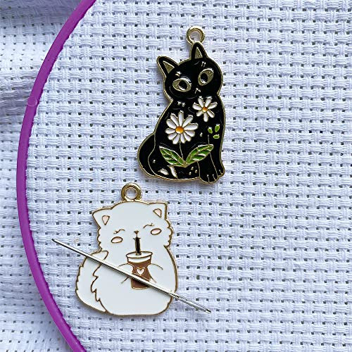 Nadel Minder Magnetisch, Schwarz Katze Gänseblümchen Nadel Nanny, Kreuzstich Nähen Stickerei Nadelhalter, Trinken Weiß Katze Needle Minder, Weihnachten Geschenk