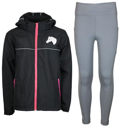 MS-Trachten Kinder Reitset Eva Softshell Reitjacke schwarz mit Silikon-Vollbesatz Reitleggings Grau