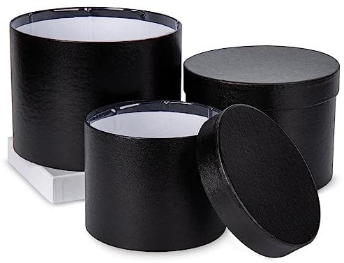 3er Set Runde Geschenkbox Blumenbox mit Folie Aufbewahrungsbox mit Deckel Pappschachteln Karton Geschenkkarton Schmuckschachtel Verpackung für Blumen, Schwarz Ø15/17/20cm