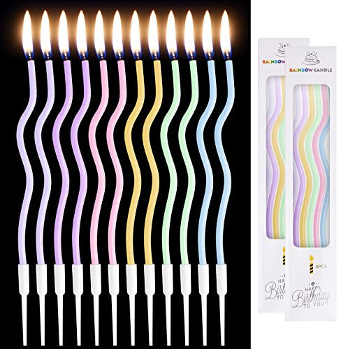 Candles with Stand, Set of 12 Candles,Bright Color Pastel Cake Candles for Wedding Party Decoration (Purple Blue Green Pink Yellow)