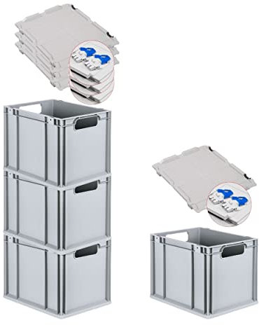 PROREGAL SuperSparSet 4x Eurobox NextGen Economy mit Scharnierdeckel & blauen Verschlüssen | Griffe offen | HxBxT 32x30x40cm | 30 Liter | Eurobehälter Transportbox Transportbehälter Stapelbehälter