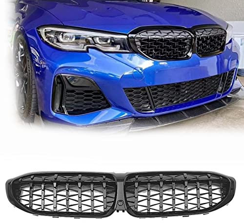 DMORJ Front-Nierengitter Für BMW G20 330i 2019-2022 Diamant-Stil, Glänzend Schwarz, Obere Stoßfängerhaube, Mesh-Grill Mit Kameraloch