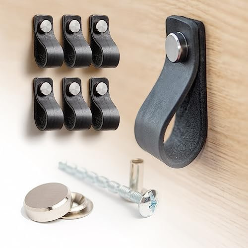 LA CHUECA POLO Schubladenknauf, Leder, schwarz, Vintage, minimalistisch, Argentinisch, 6 Stück, dunkles Leder, Türknauf (klein, schwarz)