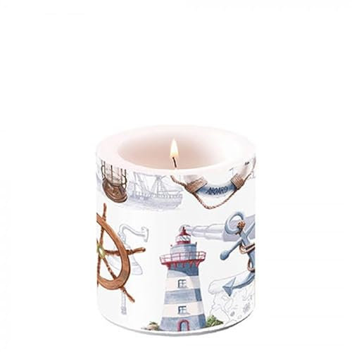 Ambiente Kerze Windlicht Maritim Nautik Leuchtturm Anker Blau Braun 9cm Hoch 7,5cm Ø Deko