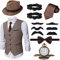 Ulikey 20er Jahre Accessoires, Mafia Kostüm Set für Herren, 1920er Zubehör Mit Westen & Verschiedenen Accessoires für Halloween, Karneval (Braun, L)