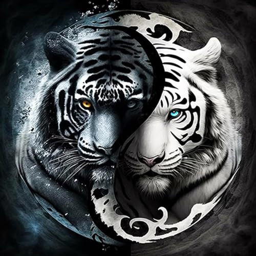 DAERLE DIY Diamond Painting Weißer und schwarzer Tiger, 5D Diamant Painting Bilder Tier, Diamant Malerei Cross Stitch Stickerei Kunsthandwerk Set für Erwachsene, Wanddekorationen für Zuhause 30x30cm