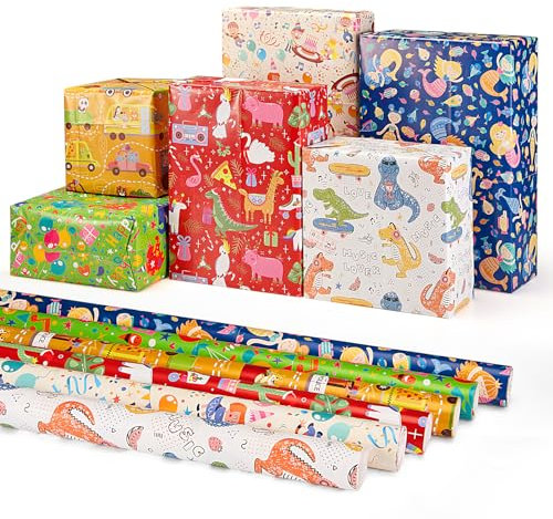 Switory Geschenkpapier, Geschenkpapier für Kinder Geburtstag, Cartoon Design mit Dinosauriern, Meerjungfrauen und Einhörnern, Mehrfarbig, 6 Blatt (50 X 70 cm)