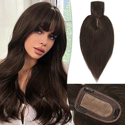 RUWISS Echthaar Hair Topper für Frauen Krone Toppers With Pony Kurze Perücken Haarteile für Dünnes Haar 7.5 * 13CM Silk Base 100% Echtes Menschliches Haar Clip in Topper 30 CM 40g (Dunkelbraun)