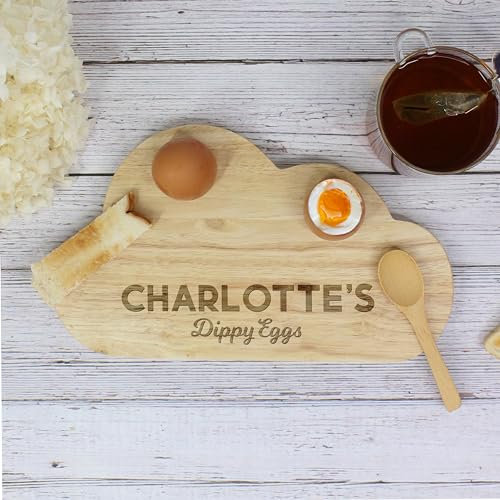 eBuyGB Cloud Shaped Personalised Dippy Eggs Board with Any Name, Wooden Breakfast Board, Egg & Toast Board, Kids Egg and Soldiers Plate