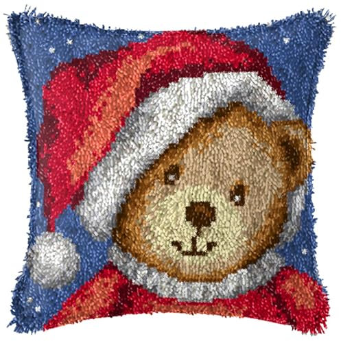 ZFFLYH Latch Hook Kits DIY Throw Pillow Cover Sofa Cushion Cover Cushion Cover Embroidery Craft Kit for Adults And Beginners Pattern Printed Canvas Creativity Crochet Gift 17X17 Inch,Christmas Bear