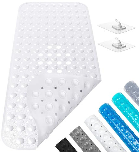 Badewannenmatte Duschmatte 100x40 cm Badewanneneinlage Antirutschmatte rutschfest Maschinenwaschbar (Weiß +2 Haken)