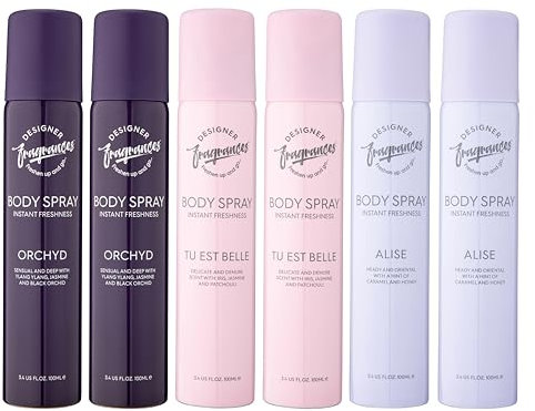 Designer Fragrances 6 Pack Assorted Aromas Bundle - Tu Est Belle, Orchyd, Alise - Women's Body Spray Deodorant Cans - For Instant Freshness on The Go - Long Lasting Smell, Great Gifts - 100ml