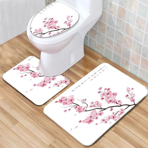 Tapis de Bain 3 Set Motif Rose Sakura Print Tapis Salle de Bain Tapis de Toilette WC Tapis Contour Tapis de Salle Absorbant Antidérapant de Doux et Confortable Lavable