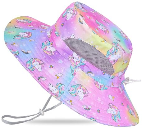 MHJY Hut Sommer Mädchen Sonnenhut Kinder Sonnenmütze Einhorn Anglerhut UV Schutz Mütze Kappe mit Breiter Krempe und Verstellbaren Bändern für 2-8 Jahre