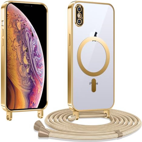Kokio Handykette Hülle für iPhone X/iPhone XS mit Band, Magnetische Transparent Handyhülle Kompatibel mit MagSafe, Kratzfeste Stossfest Schutzhülle mit Einstellbar Kette, Gold