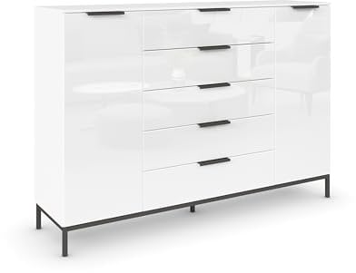 Rauch Möbel Flipp, Kombikommode, Kommode mit Stauraum für Wohnzimmer, Schlafzimmer, Flur, 4 Fachböden, Metallkufe und Griffe Graphit, Alpinweiß/Glasfront Weiß, 2-türig, 5 Schubkästen, 160x111x42cm