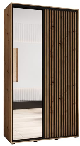 MEBLE KRYSPOL Lanko 2 Schrank mit Zwei Schiebetüren mit Spiegel, Stange, Regalen - Moderner Aufbewahrungsschrank für Schlafzimmer, Wohnzimmer - 235,2x140x45 cm - Artisan Artisan Schwarz