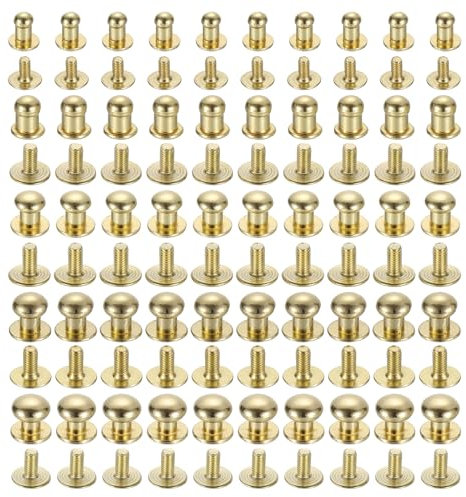 QUARKZMAN 4/5/6/7/8mm Kugelkopf Nieten Schraubnieten, 50 Stück Hohlnieten Runde Knopf Nippelnieten Schraubnieten für DIY Lederhandwerk Handtasche Gürtel, Hellgolden