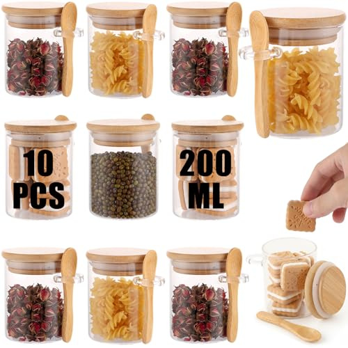 SHUESS 10er Vorratsgläser mit Deckel und Löffel 200ml – Luftdichte Overnight Oats Gläser & Gewürzgläser – Kleines Meal Prep Glas Set für Müsli, Tee, Chia Pudding – Stapelbare Borosilikat Glasbehälter