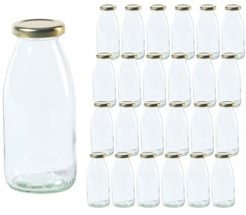 Vitrea 24 leere Glasflaschen 250ml Schraubverschluss Gold - Milchflaschen, Saftflaschen, kleine Flaschen zum Befüllen mit Deckel - für Milch, Saft, Smoothies, Öl - 24 Stück, TO43, Hansa