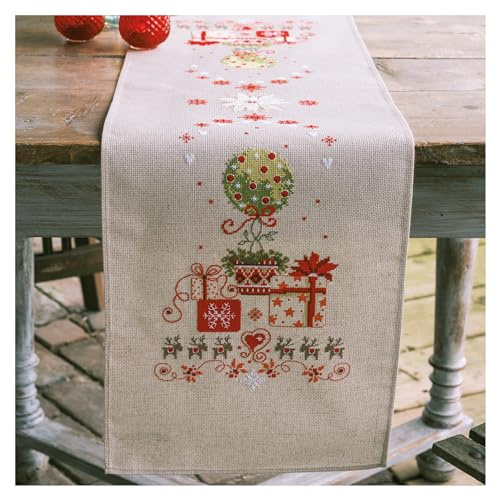 Tischläufer Kreuzstich Stickpackung Geschenke unter dem Weihnachtsbaum, Zählmuster, 29x102cm
