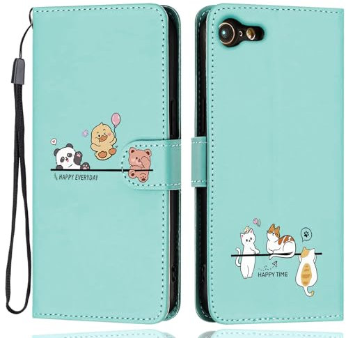 Aisenth Case for iPhone 7/8/SE 2nd/3rd Gen, Cute Bear, Cat, Panda, Duck, Koala Animal Cartoon Pattern PU Leather Wallet Flip Case Shockproof Magnetic Cover with Kickstand, Card Holder, Green