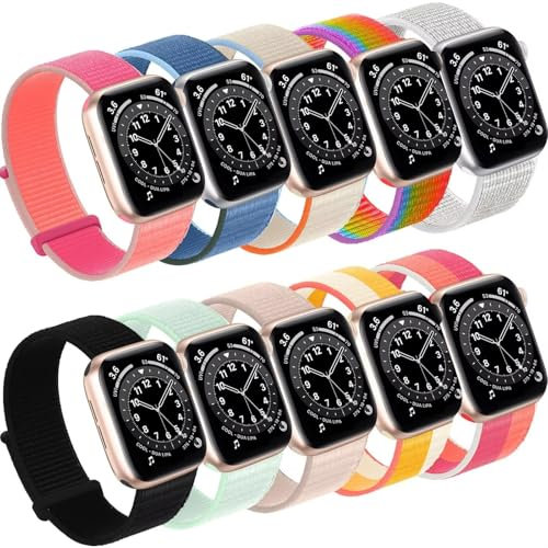 10 Pack Compatible with Apple Watch Bands for Women Men 38mm 40mm 41mm 42mm 44mm 45mm 46mm,Breathable & Soft Thin Nylon Fabric Sport Loop Straps for iWatch SE Series 3 4 5 6 7 8 9 10 Ultra 2