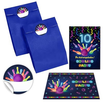 12 Einladungskarten zum 10. Kindergeburtstag Bowling Kegeln Jungen Mädchen Einladung zehnte Geburtstag incl. 12 Umschläge, 12 Partytüten/blau, 12 Aufkleber