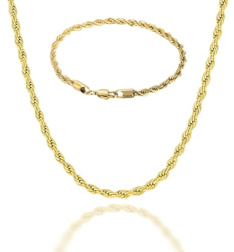 Collar Cordon de 60cm para Hombres Cadena de Acero Inoxidable bañada en oro 18k. Hecha a Mano. Regalo para Él. Joyería para Hombres (Oro 3/5mm) (Collar/Cordón + Pulsera 5mm)