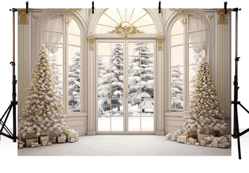 AIBIIN 2,4 x 1,8 m Weihnachts-Hintergrund, Winter, verschneite Fenster, Weihnachtsbäume, Innen-Szene, Fotohintergrund, Weihnachten, Festival, Urlaub, Dekoration, Banner, Foto-Requisiten