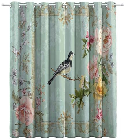 CozyRest Verdunklungsvorhänge Gardinen mit Ösen Blickdichte Vorhänge für Kinderzimmer Thermo Gardinen mit Wunderschöne Retro-Blumen und Vögel Muster, Grün Schiebevorhänge Gesamtgröße: 160 x 140