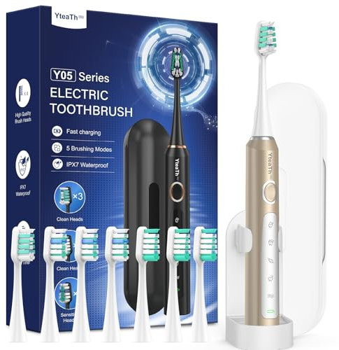 Brosse À Dent Électrique Soniques pour Famille - Brosse A Dent Sonique Adultes Enfant avec 8 Têtes et Étui de Voyage, 5 Modes, Étanche IPX7, Brosse A Dent Electrique de Voyage Rechargeable, Or Givré