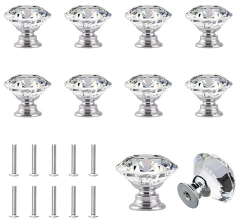 YUDAWN Cabinet Knobs, 10 PCS 25mm Crystal Drawer Knob Kitchen Cupboard Door Knobs Glass Diamond Drawer Pull Handles with Screws for Furniture Wardrobe, Silver