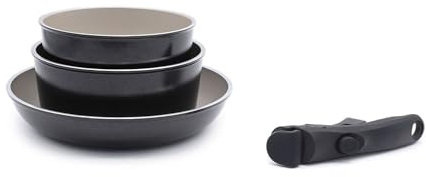 LAGUIOLE, Abnehmbares Küchenset, 2 Töpfe und 1 Pfanne mit Antihaftbeschichtung, kompatibel mit allen Wärmequellen, Aluminium, Antihaftbeschichtung, leicht zu reinigen, 16/18/24 cm, Schwarz/Champagner