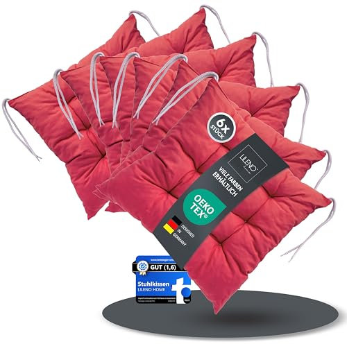 LILENO HOME 6er Set Wende Stuhlkissen Rot (40x40x6 cm) - Streifen Sitzkissen für Gartenstuhl, Küche oder Esszimmerstuhl - Indoor u. Outdoor Stuhlauflage als Stuhl Kissen (Linda FUM)
