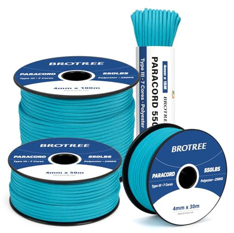 Brotree 550 Paracord 4mm 100m Schnur 100% Polyester Seil Reißfest Typ III 7 Kern für Armbänder, Basteln, Outdoor, Camping, Survival - Türkis