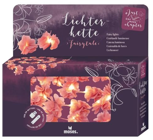 moses. Just One More Chapter Lichterkette Fairylights, Leuchtkette mit 20 warmweißen LEDs und roséfarbenen Blüten aus Stoff, LED-Stimmungslicht mit USB-C-Anschluss und Batteriebetrieb