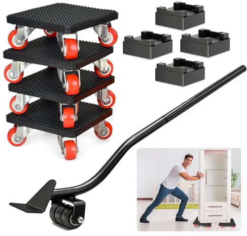 Möbel Transportrollen Set, Möbelheber füR Schwere Möbel mit 630mm Verlängerungsstange, 4 Möbelrollen - 360° Drehbar Rads, 4 Höhenversteller, Maximale 500Kg Tragfähigkeit, Ideale Umzugshelfer