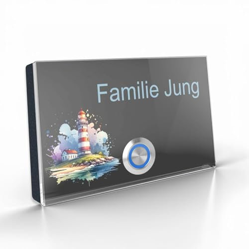 Jung Edelstahl Design personalisierte Edelstahl-Türklingel mit LED-Beleuchtung, Maritime Leuchtturm-Design, Acrylglas-Oberplatte, Aufputz/Unterputz (anthrazit)