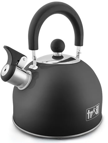 Trail 2L Whistling Camping Kettle, Polished Stainless Steel, Durable Lightweight, Easy Pour Spout, Folding Heat Resistant Handle, Fast Boil Travel, Outdoor Fishing Hiking, 15cm x 18cm, 0.42kg (Black)