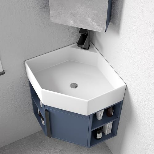 Petit Angle Lave Main Avec Meuble,Lave Main D Angle Wc Avec Meubl,Lavabo Mural En Céramique Blanche,Lavabo Suspendu À Fixer Au Mur,Lavabo À Poser Pour Petits Invités,Pour Vestiaire Salle De Bains(Blue
