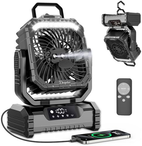 OUTACT Ventilatore Campeggio con Luce LED, 20000mAh Ventilatore Nebulizzatore Portatile Ricaricabile con Gancio e Telecomando, Ventilatore USB Scrivania per Esterno Tenda Spiaggia Allaperto - Nero