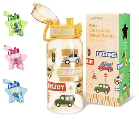 UZSPACE Trinkflasche Kinder auslaufsicher Wasserflasche, 600ml Sport Flasche, Tritan BPA-frei Sportflasche mit Einhandbedienung, Jungen Mädchen für Schule Outdoor kindergarten, gelb Auto