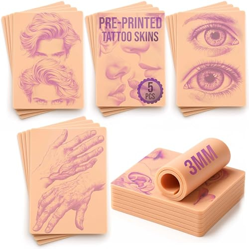 Stencil Skins Pre Printed Fake Skin Set, 5 Face Designs, 3mm Silicone Beginner Tattoo Kit, fIdeal for Shading, Proportion & Detail Work for Apprentices & Artists Portrait Set