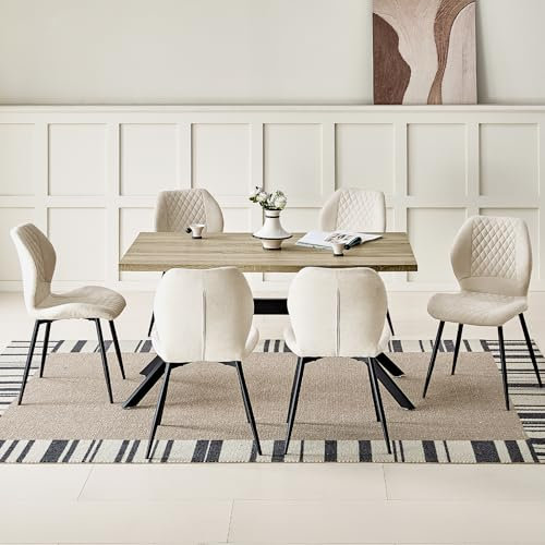 JIJIAN Essgruppen mit Heller Holz Esstisch und 6 Beige Stühle, Rechteckiger Esstisch in 140 x 80 x 76 cm mit 6 Ergonomischer Design Leinen Esszimmerstühle, für Esszimmer, Küche, Wohnzimmer